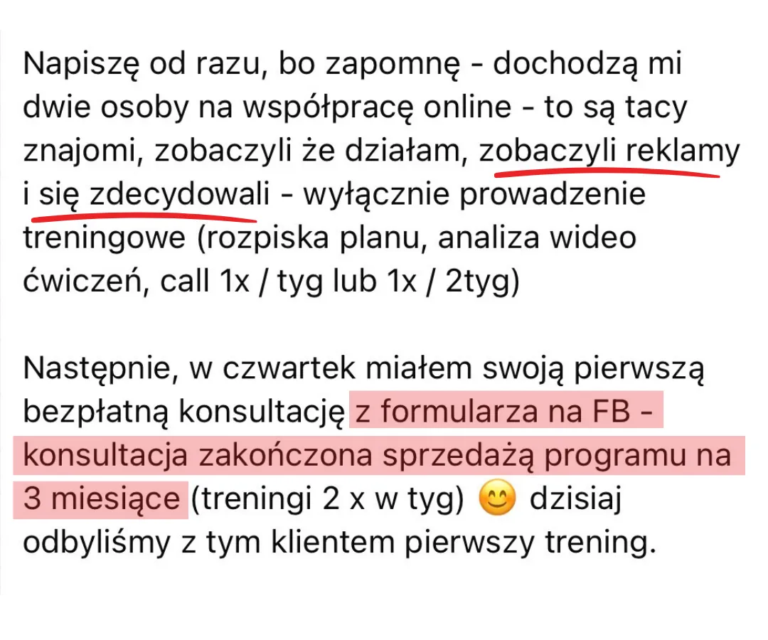 Wiadomość o pozyskaniu klientów online i sprzedaży pakietu 3-miesięcznego z darmowej konsultacji